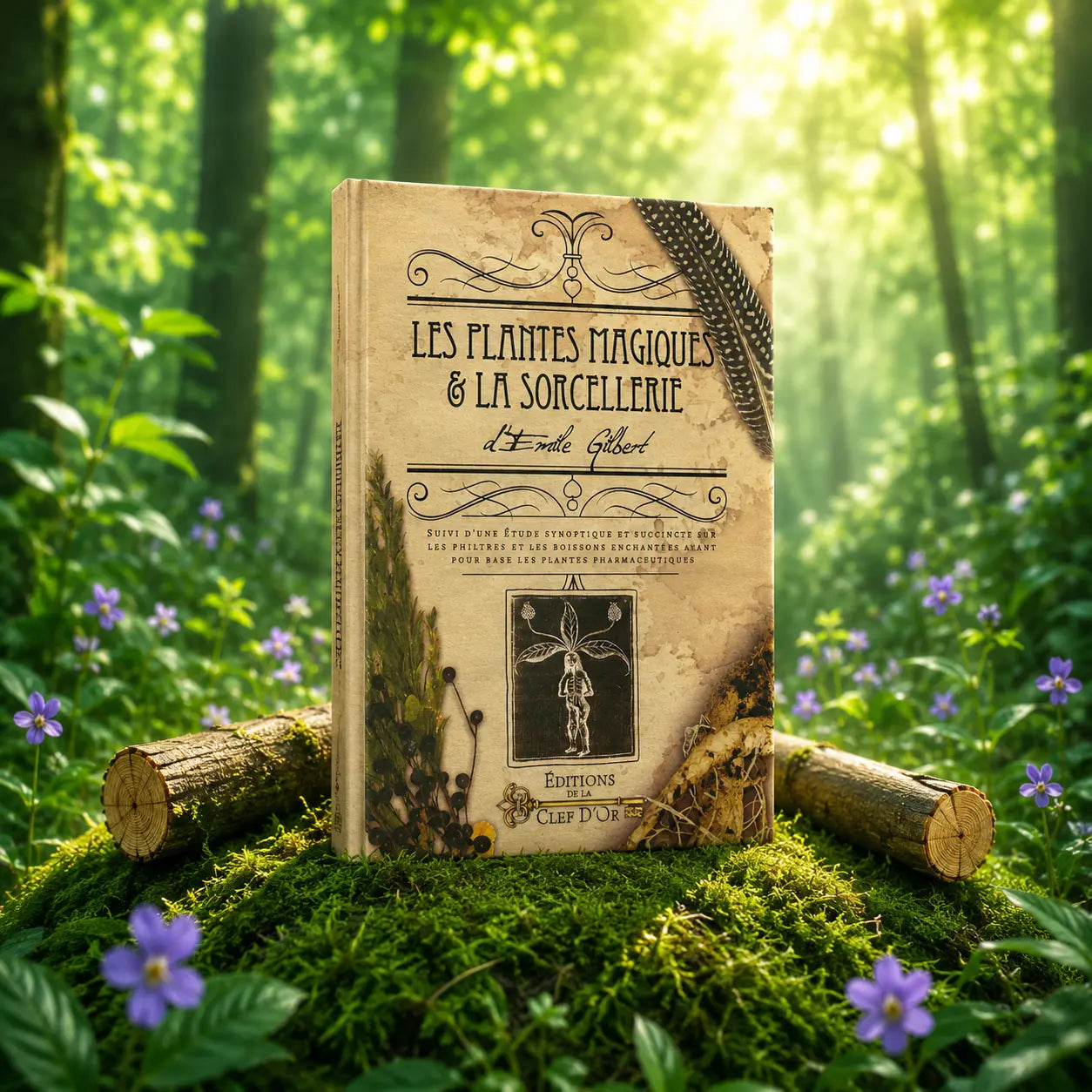 Livre Les Plantes Magiques et la Sorcellerie - Emile Gilbert sur mousse sacrée au pied d'un arbre, entouré de fleurs violettes sous des rayons de soleil magiques.