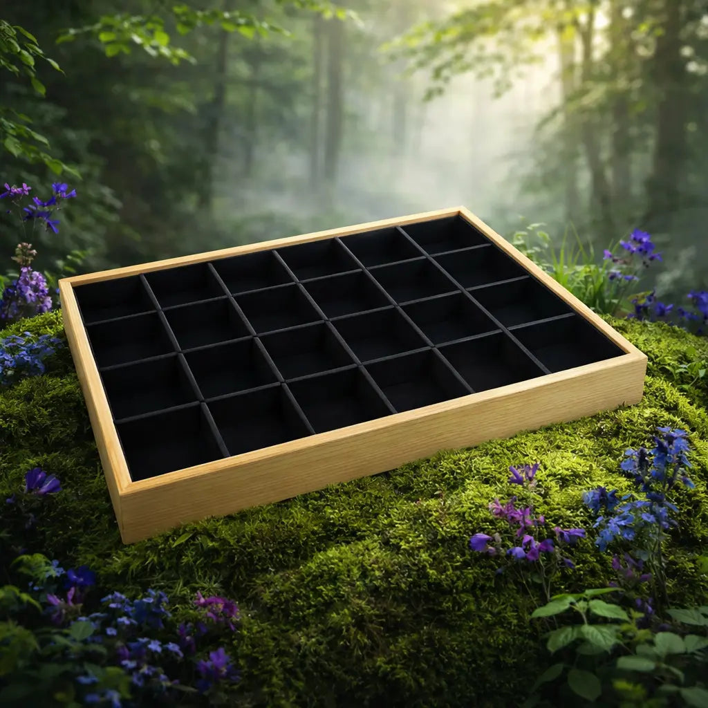 Plateau rangement bijoux, minéraux cristaux lithothérapie bois et simili noir avec 24 compartiments de présentation.