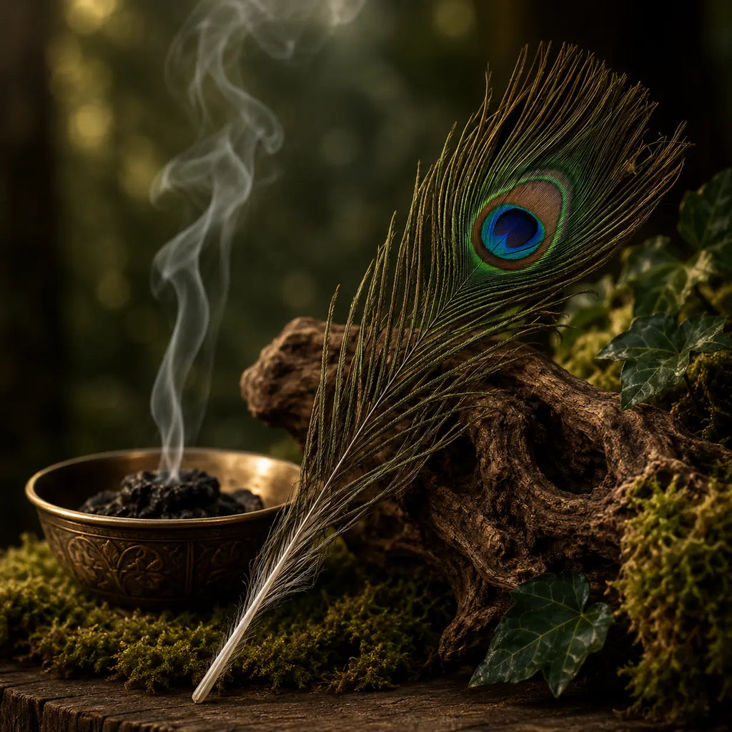 Plume de Paon naturelle arborant un ocellé bleu et vert, posée verticalement sur une souche moussue près d'un bol en laiton diffusant la fumée d'un encens en grains.