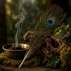 Plume de Paon naturelle arborant un ocellé bleu et vert, posée verticalement sur une souche moussue près d'un bol en laiton diffusant la fumée d'un encens en grains.