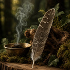 Plume de dindon Bronzé posée verticalement sur une souche moussue près d'un bol en laiton exhalant une volute de fumée d'encens en grains.