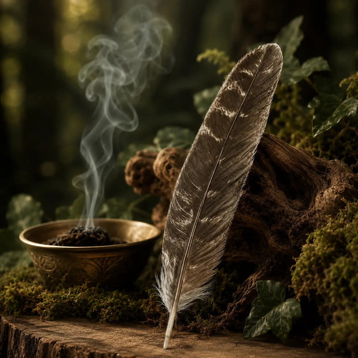 Plume de dindon Bronzé posée verticalement sur une souche moussue près d'un bol en laiton exhalant une volute de fumée d'encens en grains.