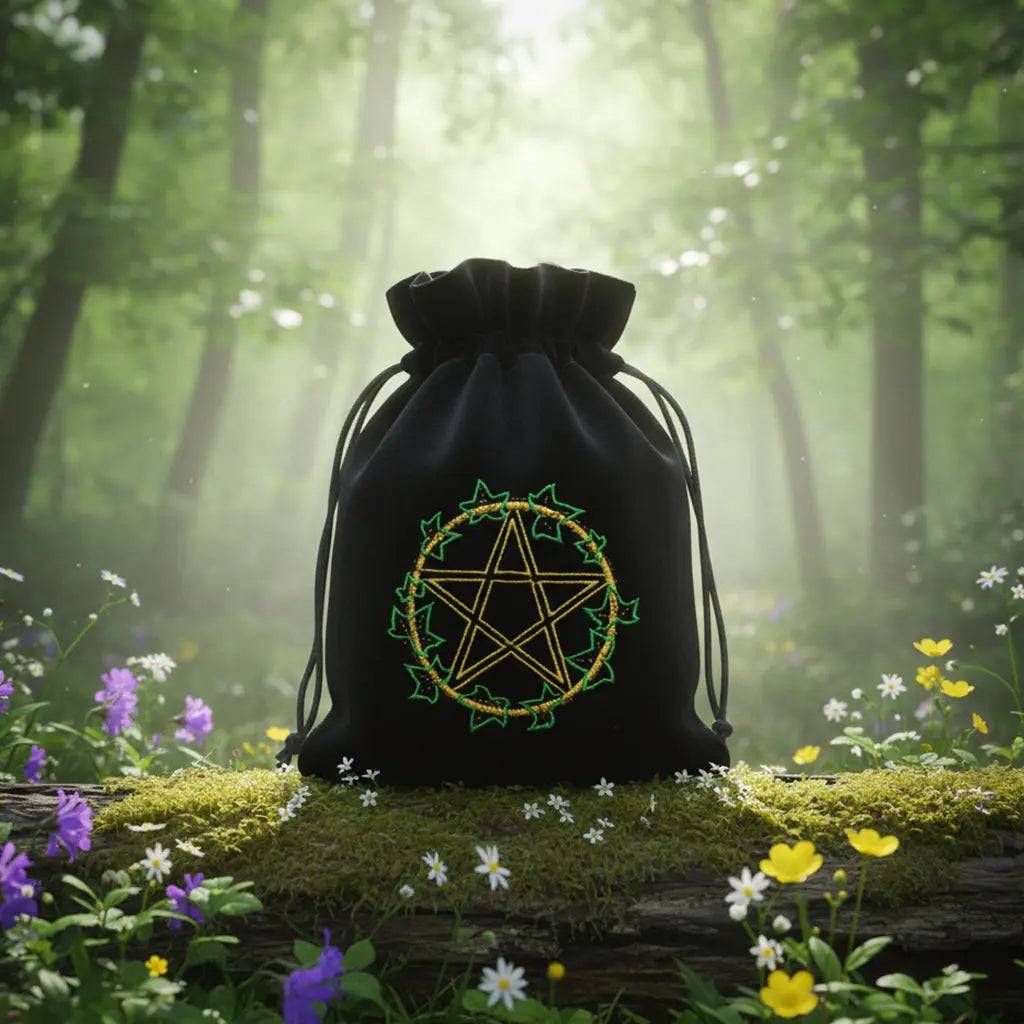 Pochette de velours Noir - Pentagramme doré et Feuilles brodée posée sur une souche pour ranger un tarot.