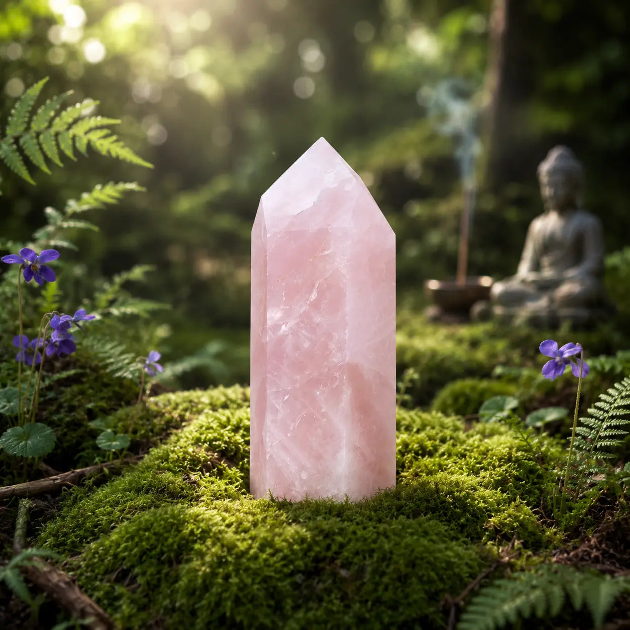 Une pointe de quartz rose de taille moyenne polie à facettes d'un rose tendre, dressée sur un lit de mousse verde forestière avec une statue de Bouddha floutée et de l'encens en arrière-plan.