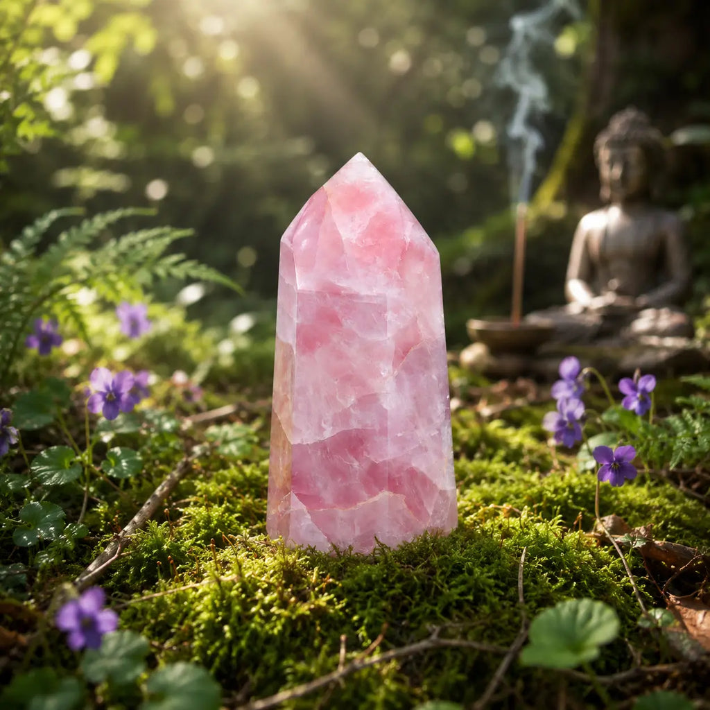 Une grande et majestueuse pointe de quartz rose polie à facettes d'un rose vibrant et lumineux, dressée sur un tapis de mousse forestière avec une statue de Bouddha et de l'encens en arrière-plan.