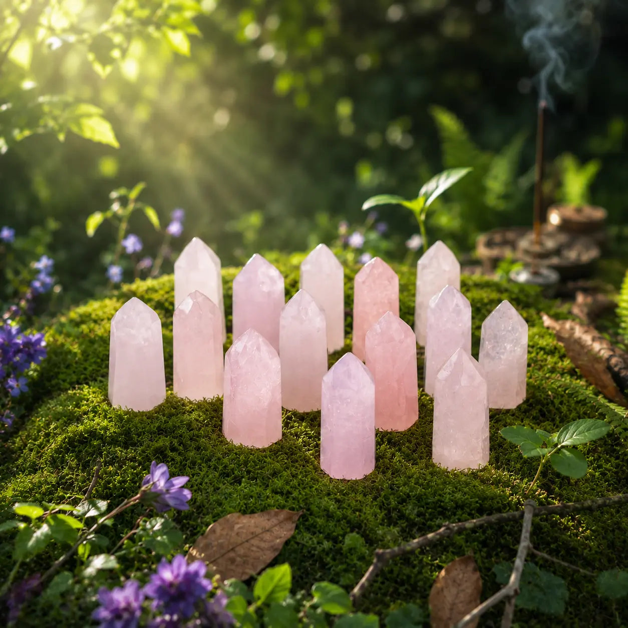 Petites pointes de quartz rose taillées à facettes d'un rose délicat et translucide, dressées en groupe sur un lit de mousse verte et entourées de petites fleurs violettes.