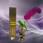 Boîte d'encens naturel Vedic Pontifical dorée Oliban et Vanille avec statuette de moine et fleur violette sur fond mauve