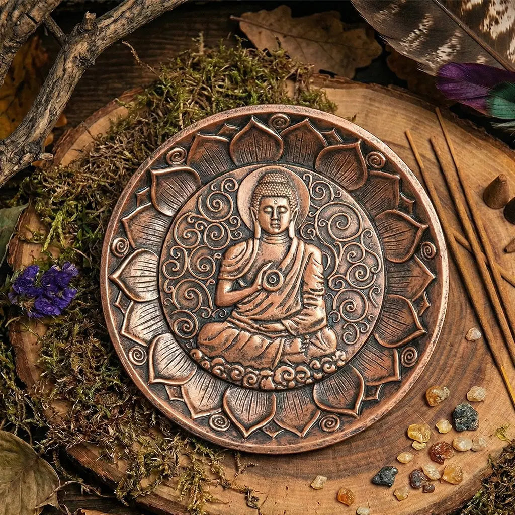 Porte Encens Bouddha Effet Cuivre Ancien - 12.5cm sculpté posé sur du bois pour une séance de yoga.