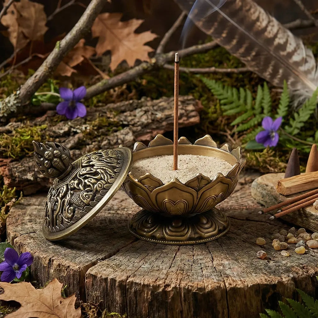 Porte encens métal Lotus Tibétain Bronze et Sachet de Sable ouvert avec bâtonnet planté pour la méditation.