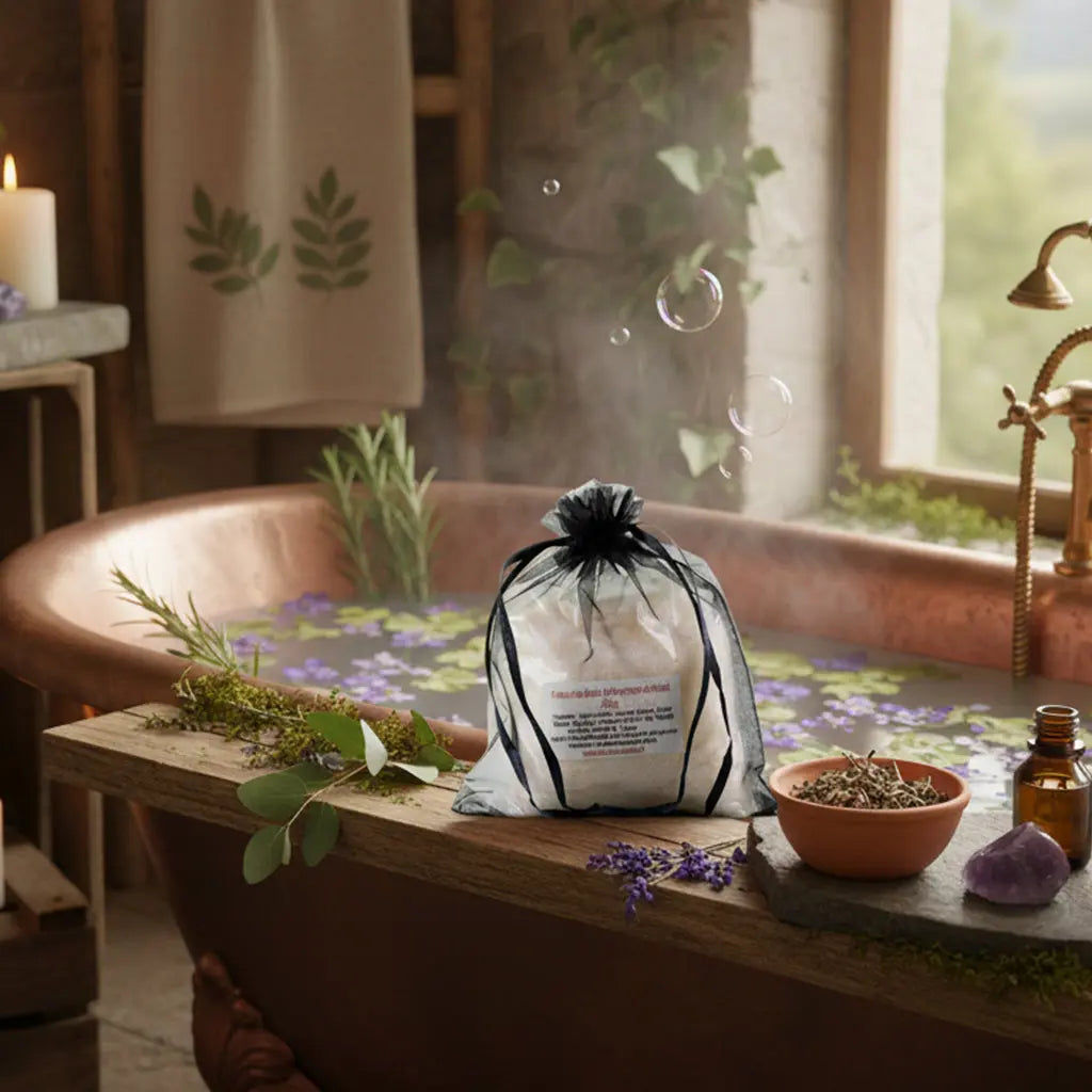 Sachet de Potion de Bain Anti-Coups de Froid noir sur une baignoire en cuivre, vapeur et eucalyptus dans un foyer sacré.