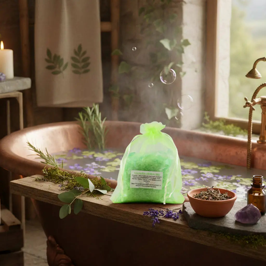 Sachet vert de Potion de Bain Bien-être sur le rebord d'une baignoire en cuivre, eau verte et cristaux de sel naturels.