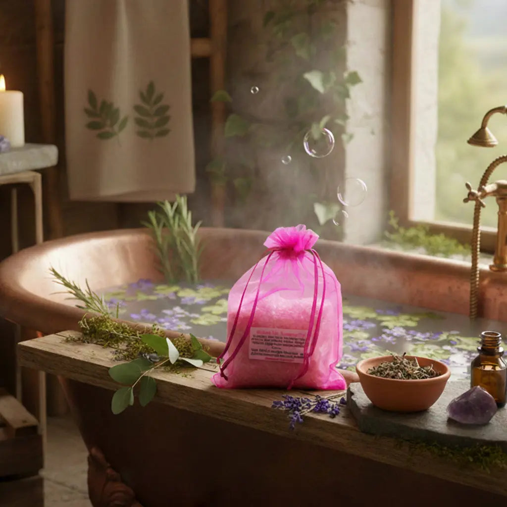 Sachet de Potion de Bain Eveil des Sens rose dans une baignoire en cuivre, eau rosée et vapeur dans un sanctuaire.
