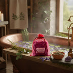 Sachet de Potion de Bain Luxure rose fuchsia sur une baignoire en cuivre, eau violette mystique et vapeur, ambiance de rituel sacré.