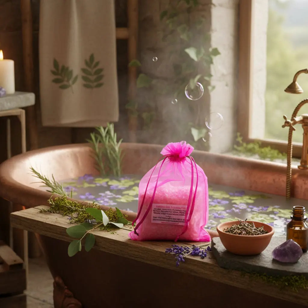 Sachet de Potion de Bain Tendresse rose sur une baignoire en cuivre, eau rosée et vapeur dans une ambiance de sanctuaire.