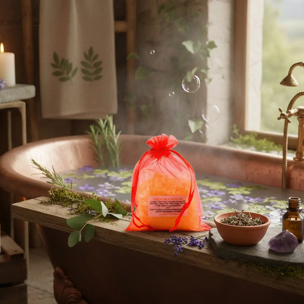 Sachet de Potion de Bain Tonifiante orange vif sur le rebord d'une baignoire, eau parfumée et cristaux de sel naturels.
