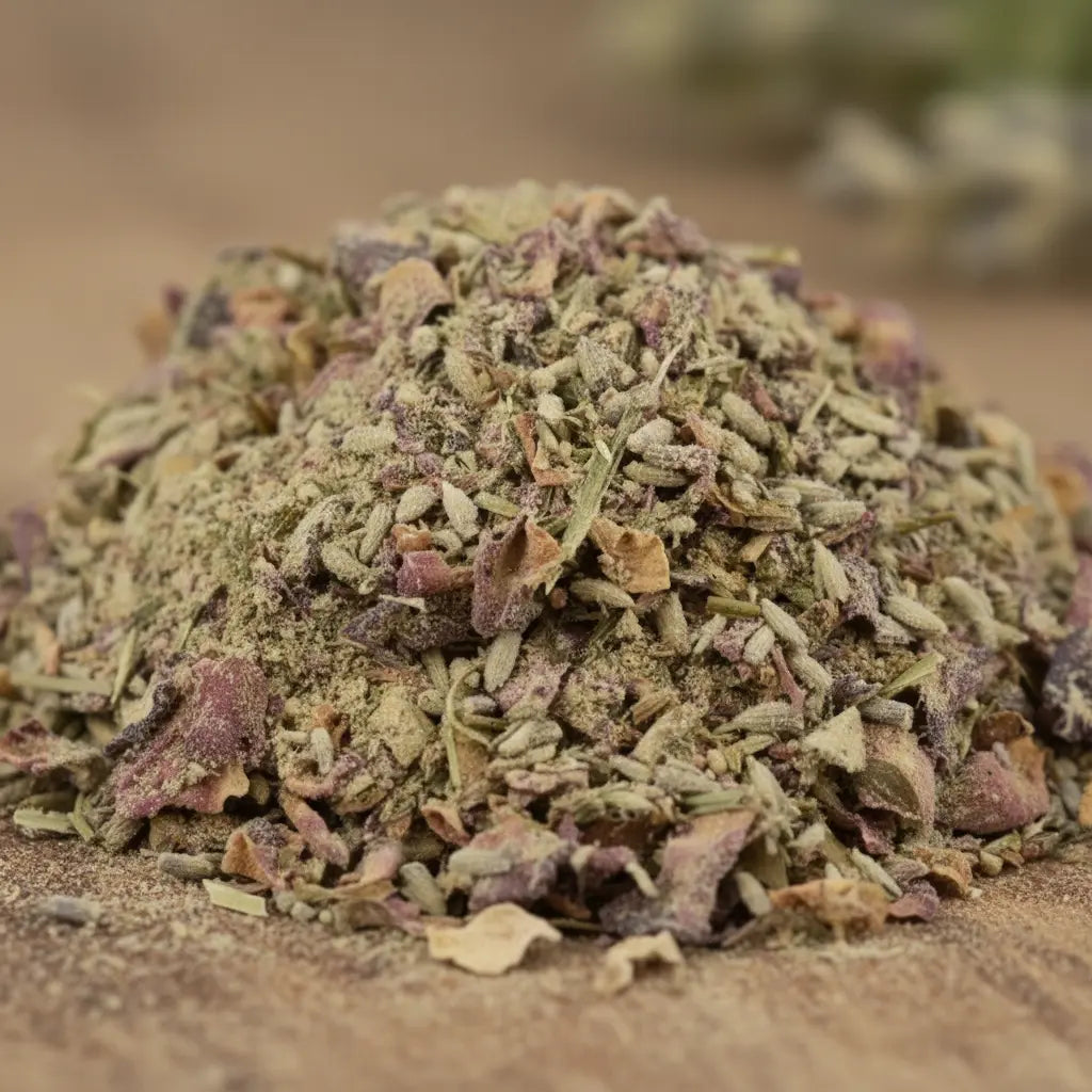 Gros plan sur une poudre magique d’amour à base de lavande et de pétales de rose.
