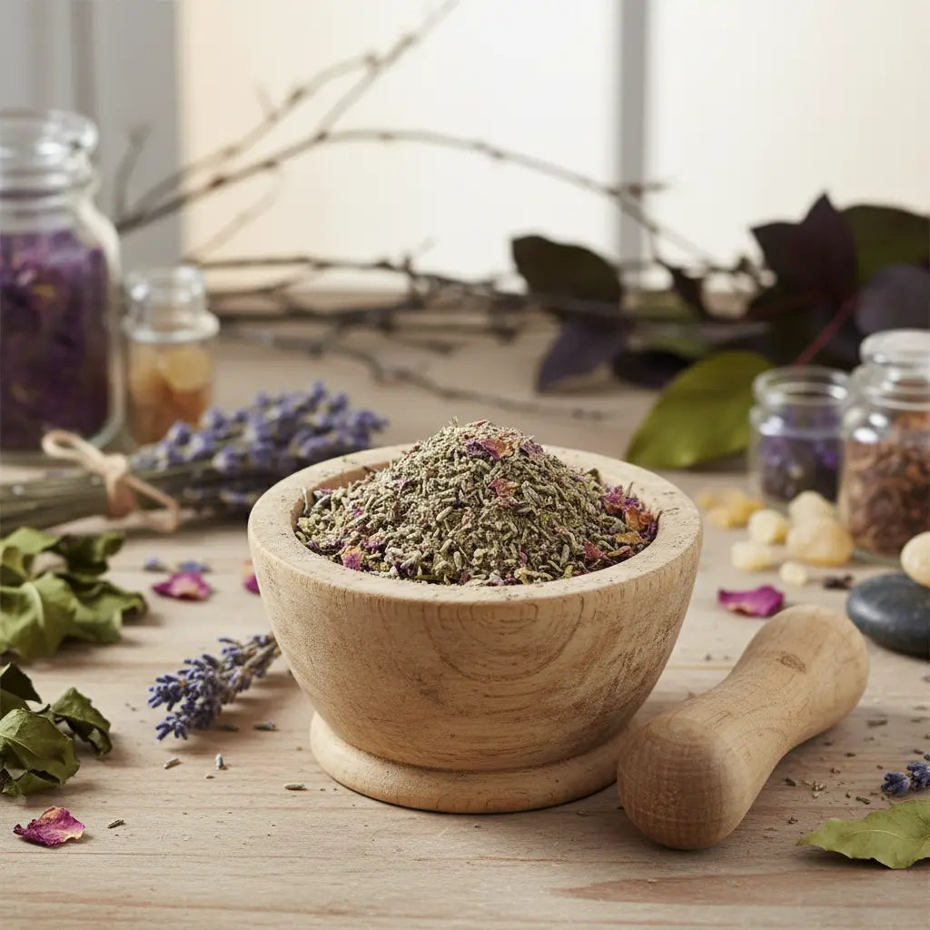 Poudre magique d’amour à la lavande et pétales de rose dans un mortier en bois sur une table d’herboriste.