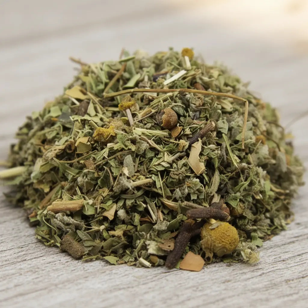 Poudre magique d’argent, mélange d’herbes séchées et d’épices en tas sur fond en bois.