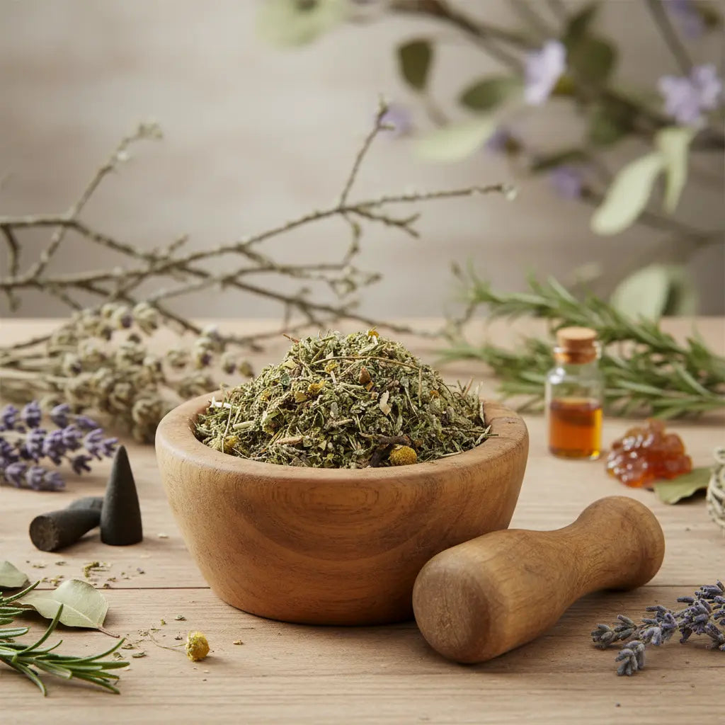 Poudre magique d’argent, mélange d’herbes dans un mortier en bois, entouré de lavande, romarin et résines.