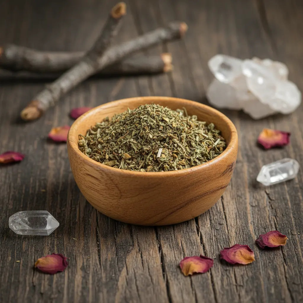 Poudre magique de chance, mélange d’herbes dans une coupelle en bois entourée de cristaux et pétales de rose.
