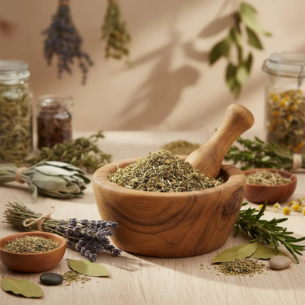 Poudre magique de chance, mélange d’herbes séchées dans un mortier en bois sur une table d’herboristerie.