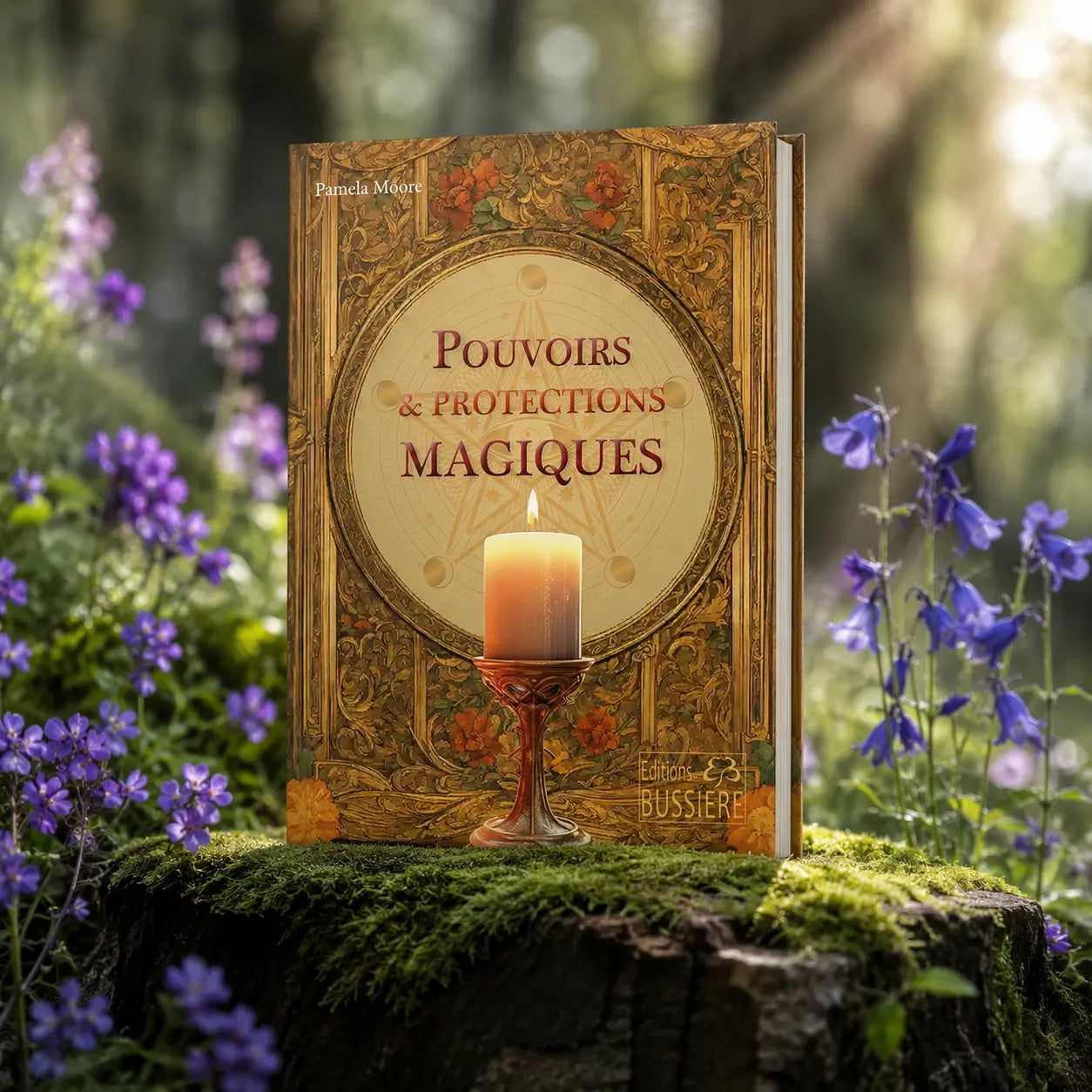Livre Pouvoirs & Protections Magiques - Pamela Moore sur mousse sacrée au pied d'un arbre, entouré de fleurs violettes sous des rayons de soleil magiques.