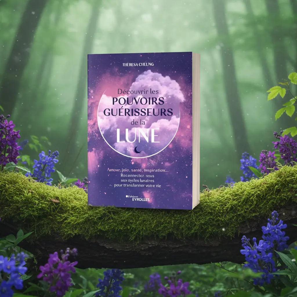 Livre Découvrir les pouvoirs guérisseurs de la Lune par Theresa Cheung posé sur une branche moussue en forêt.