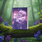 Livre Découvrir les pouvoirs guérisseurs de la Lune par Theresa Cheung posé sur une branche moussue en forêt.