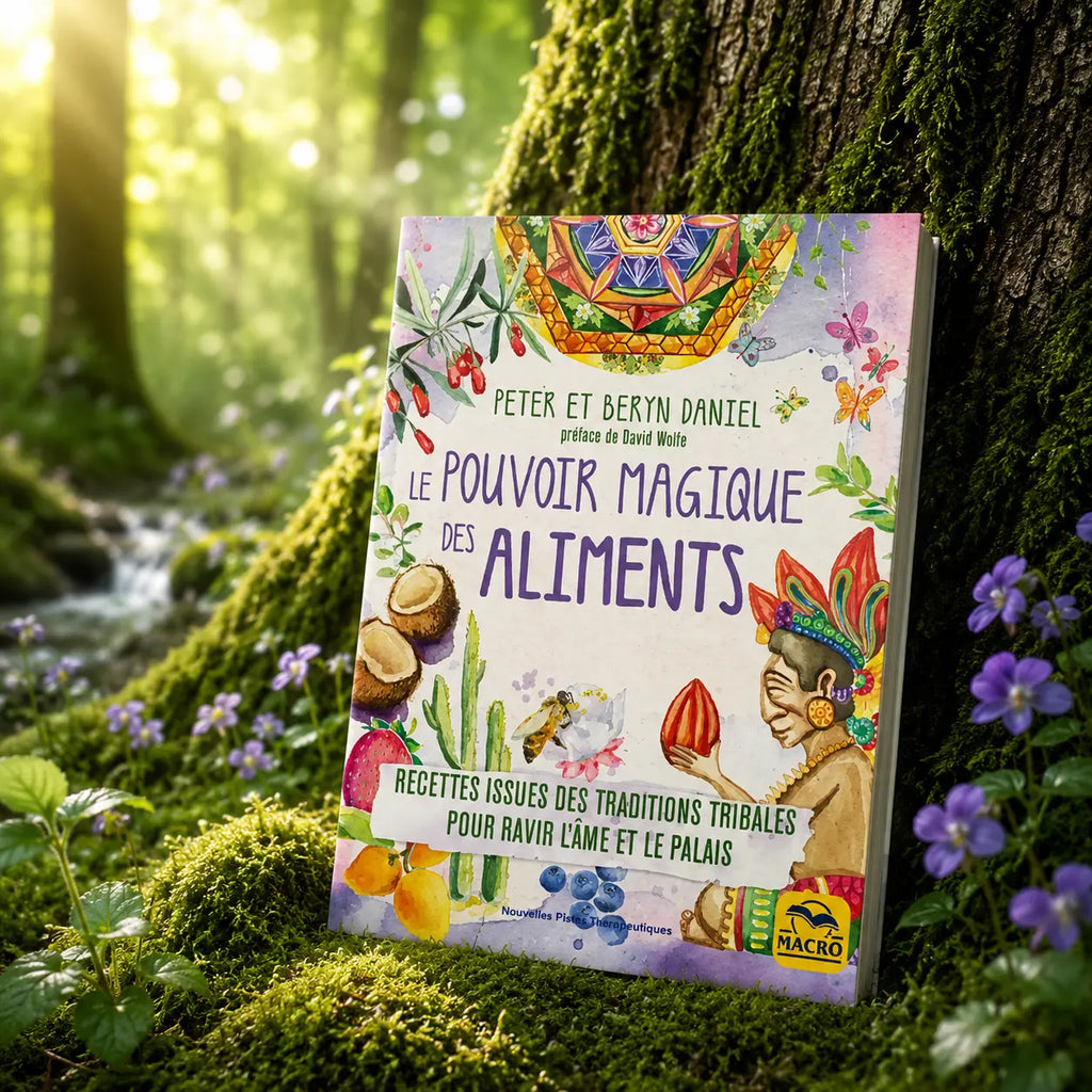 Livre Le Pouvoir Magique des Aliments sur mousse sacrée au pied d'un arbre, entouré de fleurs violettes sous des rayons de soleil magiques.