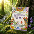Livre Le Pouvoir Magique des Aliments sur mousse sacrée au pied d'un arbre, entouré de fleurs violettes sous des rayons de soleil magiques.