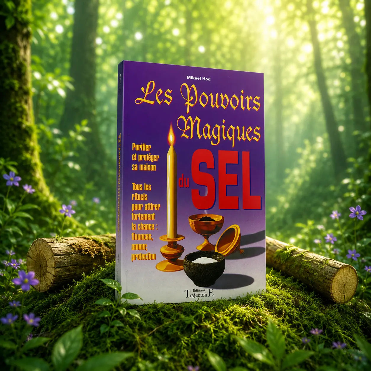 Livre Les Pouvoirs Magiques du Sel - Mikael Hod sur mousse sacrée au pied d'un arbre, entouré de fleurs violettes sous des rayons de soleil magiques.