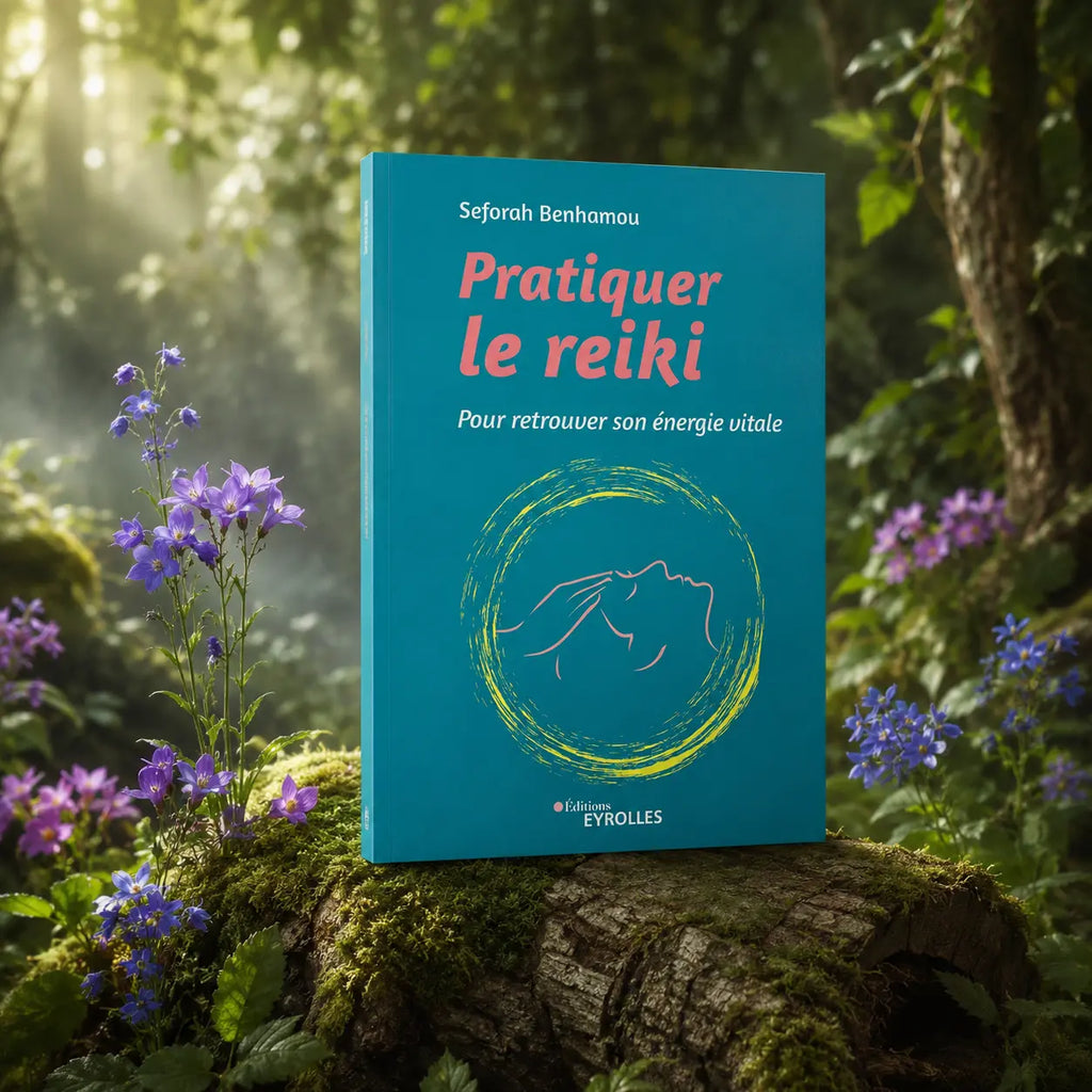 Livre Pratiquer le Reiki - Seforah Benhamou sur mousse sacrée au pied d'un arbre, entouré de fleurs violettes sous des rayons de soleil magiques.