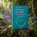 Livre Pratiquer le Reiki - Seforah Benhamou sur mousse sacrée au pied d'un arbre, entouré de fleurs violettes sous des rayons de soleil magiques.
