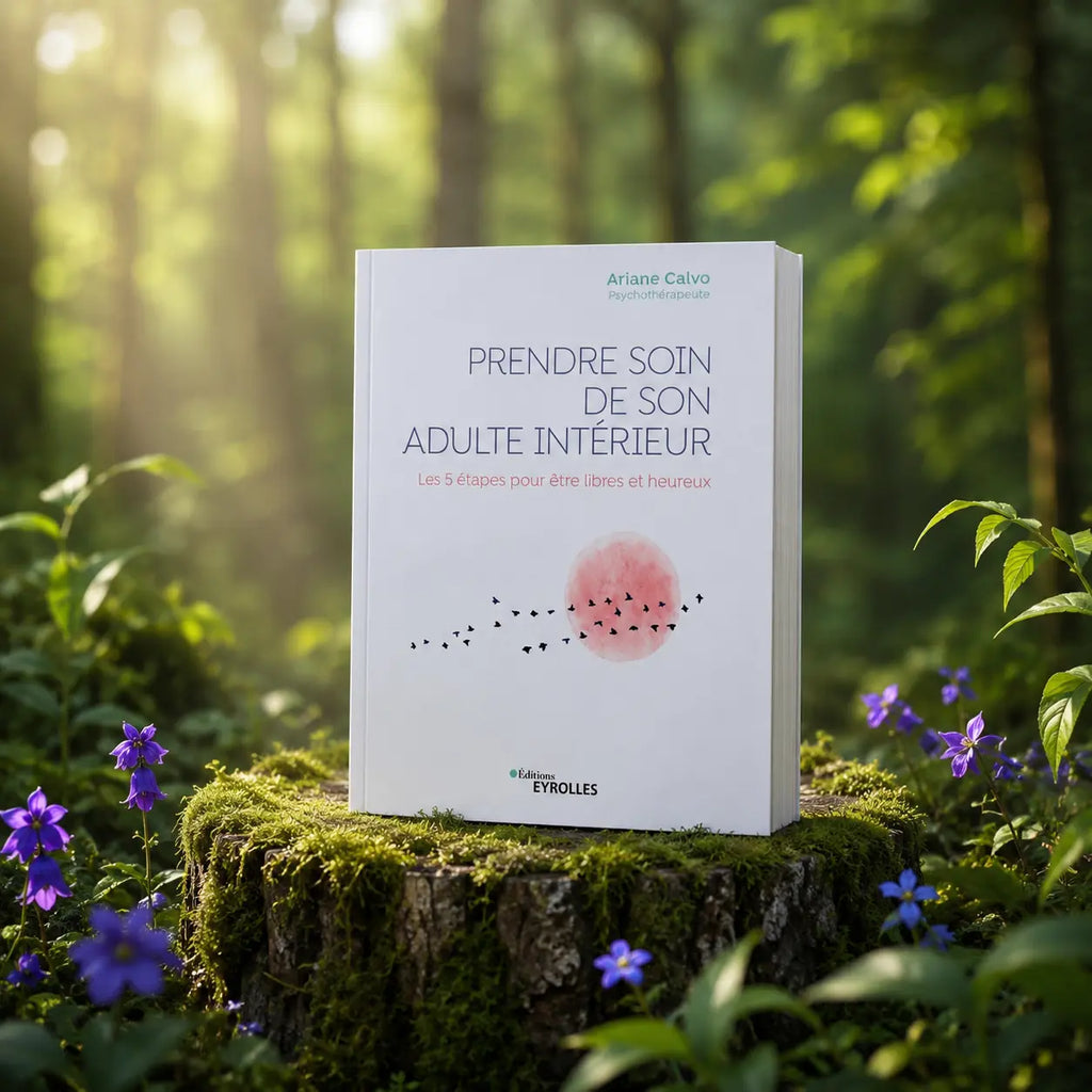 Livre Prendre soin de son adulte intérieur - Ariane Calvo sur mousse sacrée au pied d'un arbre, entouré de fleurs violettes sous des rayons de soleil magiques.