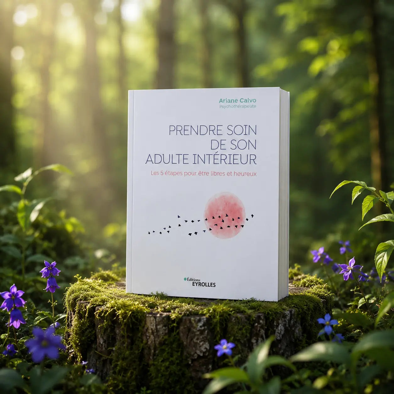 Livre Prendre soin de son adulte intérieur - Ariane Calvo sur mousse sacrée au pied d'un arbre, entouré de fleurs violettes sous des rayons de soleil magiques.
