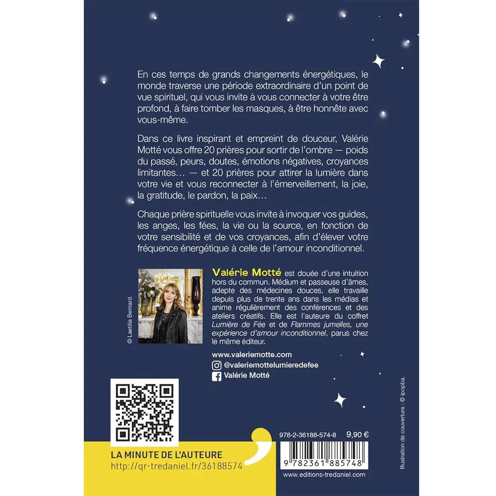 Quatrième de couverture du livre Prières d'Intentions Lumineuses présentant le résumé sur un fond bleu nuit étoilé avec code-barres.