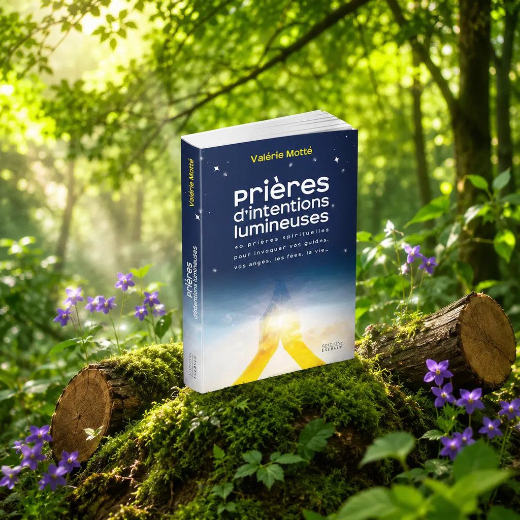 Livre Prières d'Intentions Lumineuses - Valérie Motté sur mousse sacrée au pied d'un arbre, entouré de fleurs violettes sous des rayons de soleil magiques.