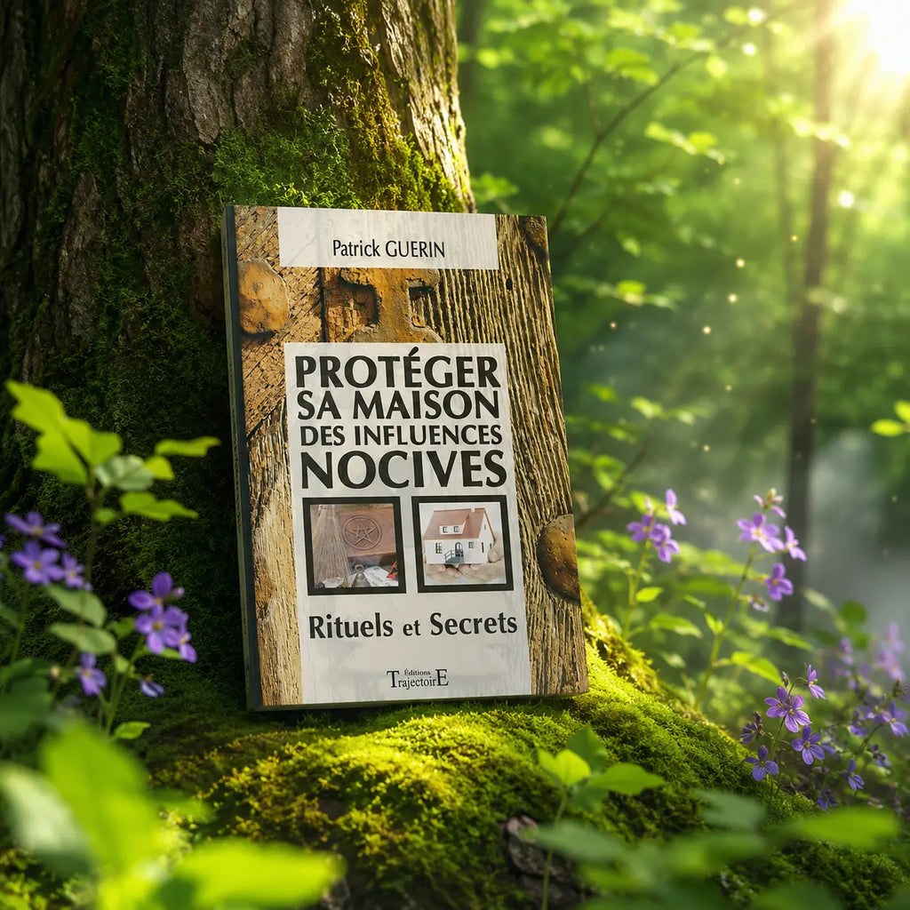 Livre Protéger sa Maison des Influences Nocives - P. Guérin sur mousse sacrée au pied d'un arbre, entouré de fleurs violettes sous des rayons de soleil magiques.