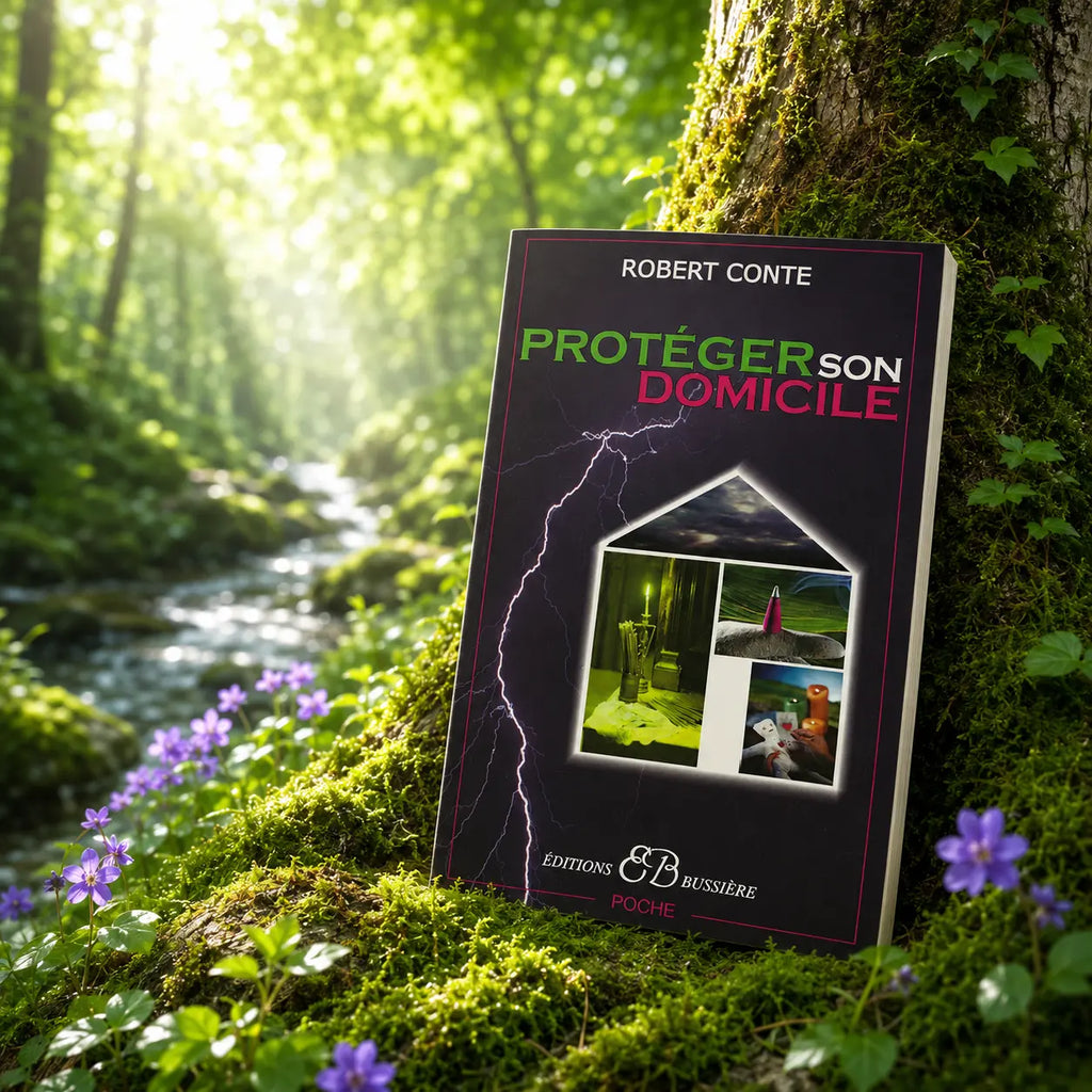Livre Protéger son domicile - Robert Conte sur mousse sacrée au pied d'un arbre, entouré de fleurs violettes sous des rayons de soleil magiques.