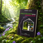 Livre Protéger son domicile - Robert Conte sur mousse sacrée au pied d'un arbre, entouré de fleurs violettes sous des rayons de soleil magiques.