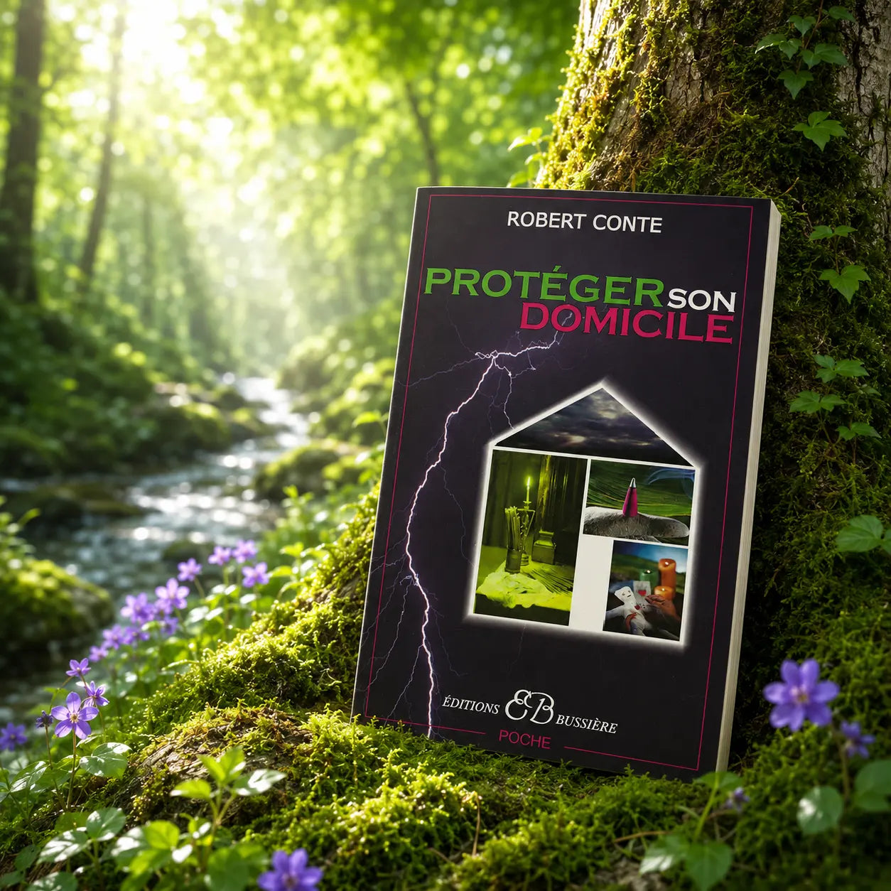 Livre Protéger son domicile - Robert Conte sur mousse sacrée au pied d'un arbre, entouré de fleurs violettes sous des rayons de soleil magiques.