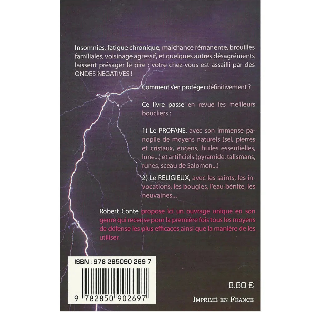 Quatrième de couverture du livre Protéger son domicile présentant le résumé sur un fond sombre zébré d'un éclair avec un code-barres.