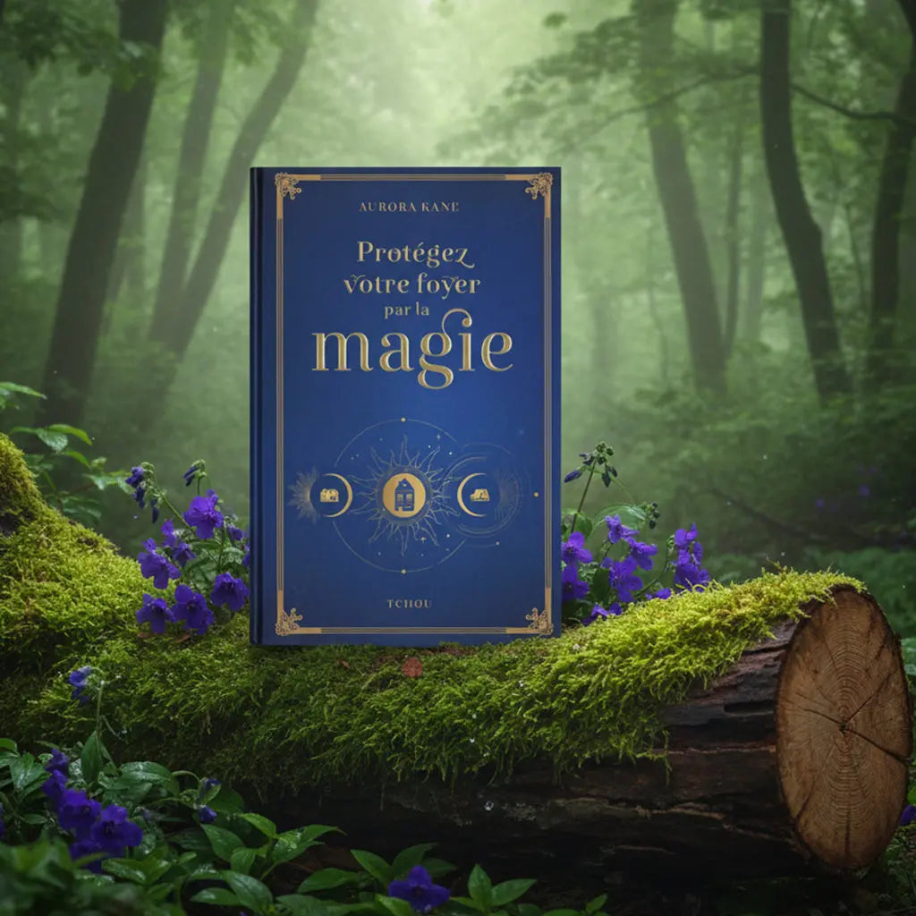 Livre bleu nuit Protégez Votre Foyer par la Magie d'Aurora Kane posé sur une souche, orné de symboles dorés astrologiques et lunaires.