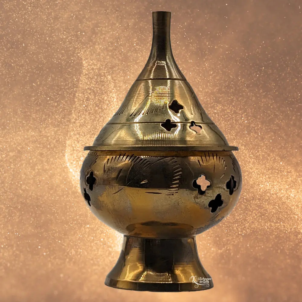 Encensoir sur pied en métal doré, couvercle conique ajouré et corps rond perforé, fond doré pailleté, logo « L’Échoppe de Gaïa ».