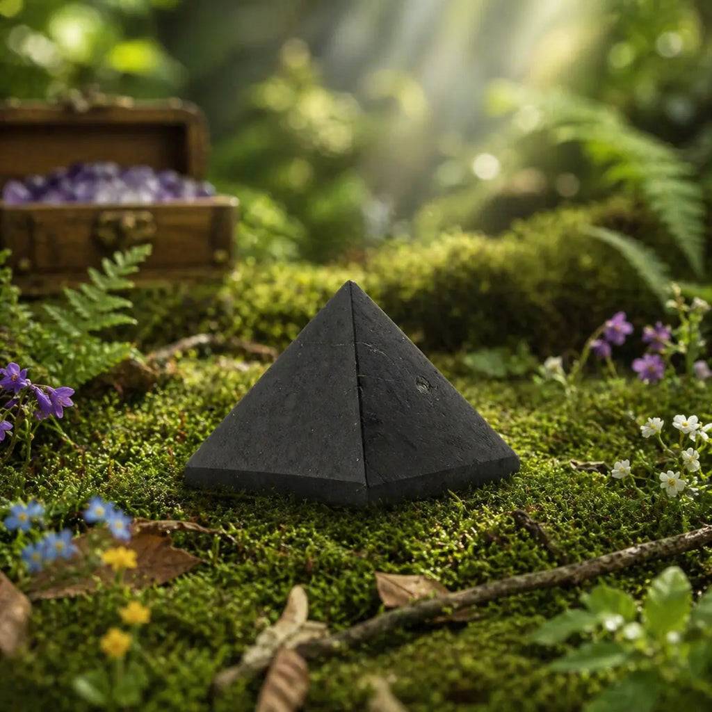 Pyramide en tourmaline noire polie aux reflets profonds et facettes géométriques, posée sur de la mousse forestière parsemée de petits cristaux de quartz.