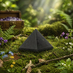 Pyramide en tourmaline noire polie aux reflets profonds et facettes géométriques, posée sur de la mousse forestière parsemée de petits cristaux de quartz.