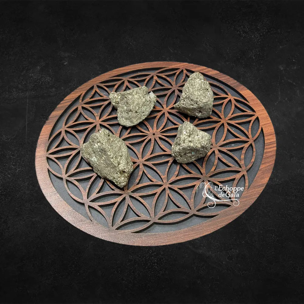 Quatre morceaux de pyrite brute, affichant un éclat métallique doré et une texture cristalline irrégulière, disposés sur une fleur de vie en bois sur fond noir.
