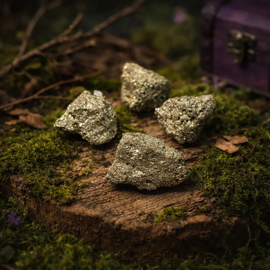 Cristaux de Pyrite brute aux facettes géométriques dorées et éclat métallique, posés sur une souche moussue dans un écrin de nature mystique.