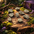 Cristaux de Pyrite brute de taille S aux reflets dorés métalliques, parsemés sur un socle de bois ancien avec une boîte mystique en arrière-plan.