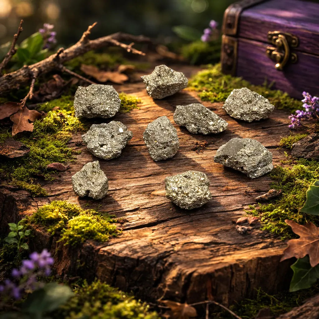 Cristaux de Pyrite brute de taille S aux reflets dorés métalliques, parsemés sur un socle de bois ancien avec une boîte mystique en arrière-plan.